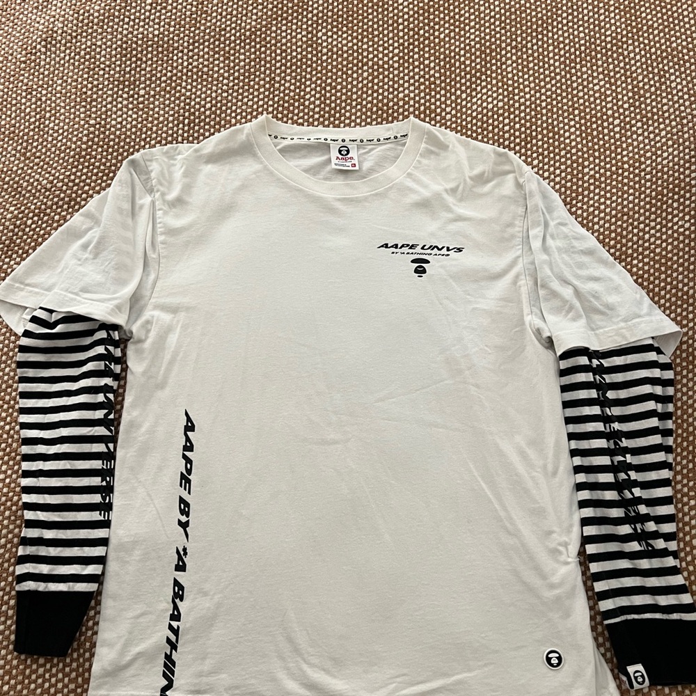 Aape White Tee with Black Striped Sleeves